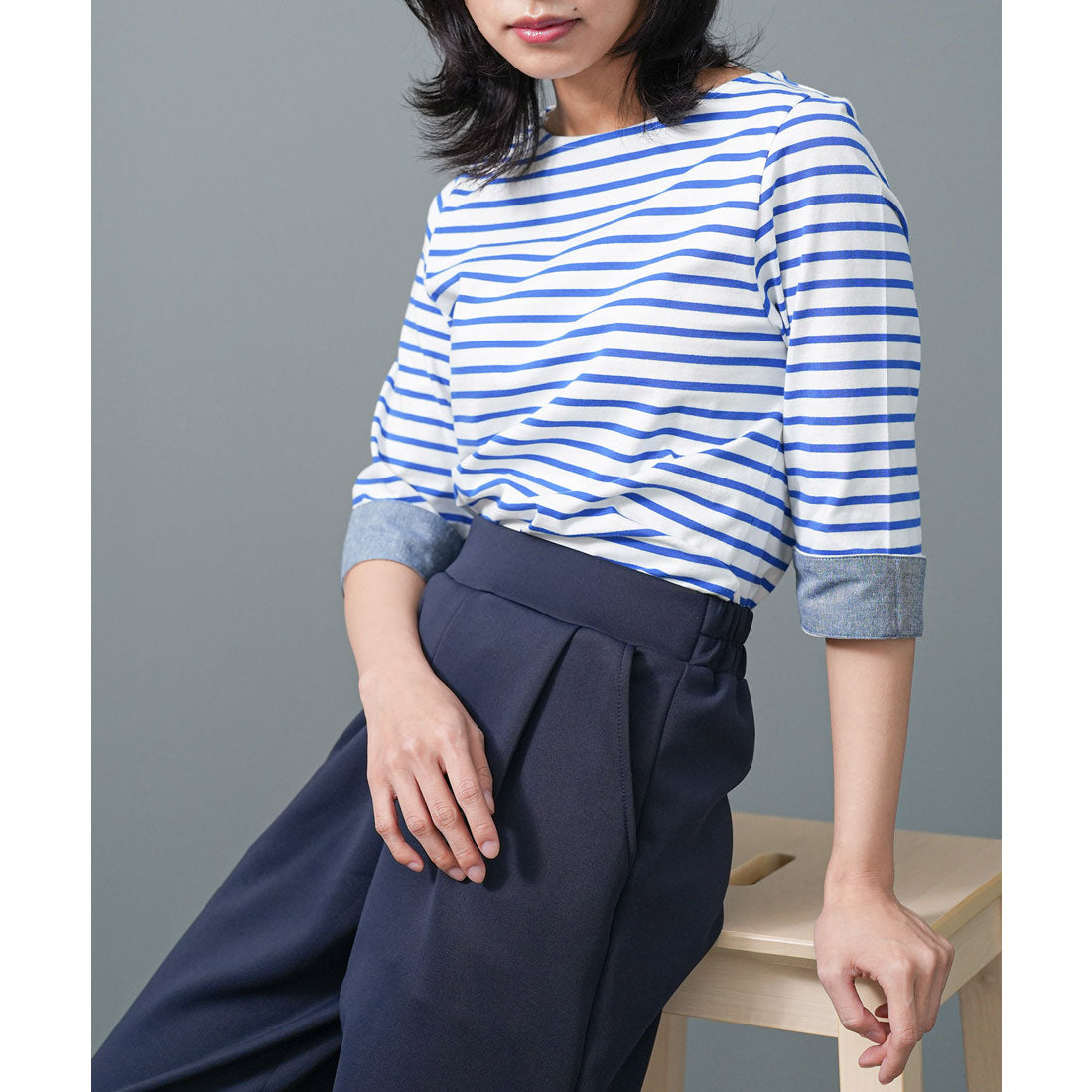 ミリアンデニ mili an deni 7分袖袖シャンブレー切替Tシャツ