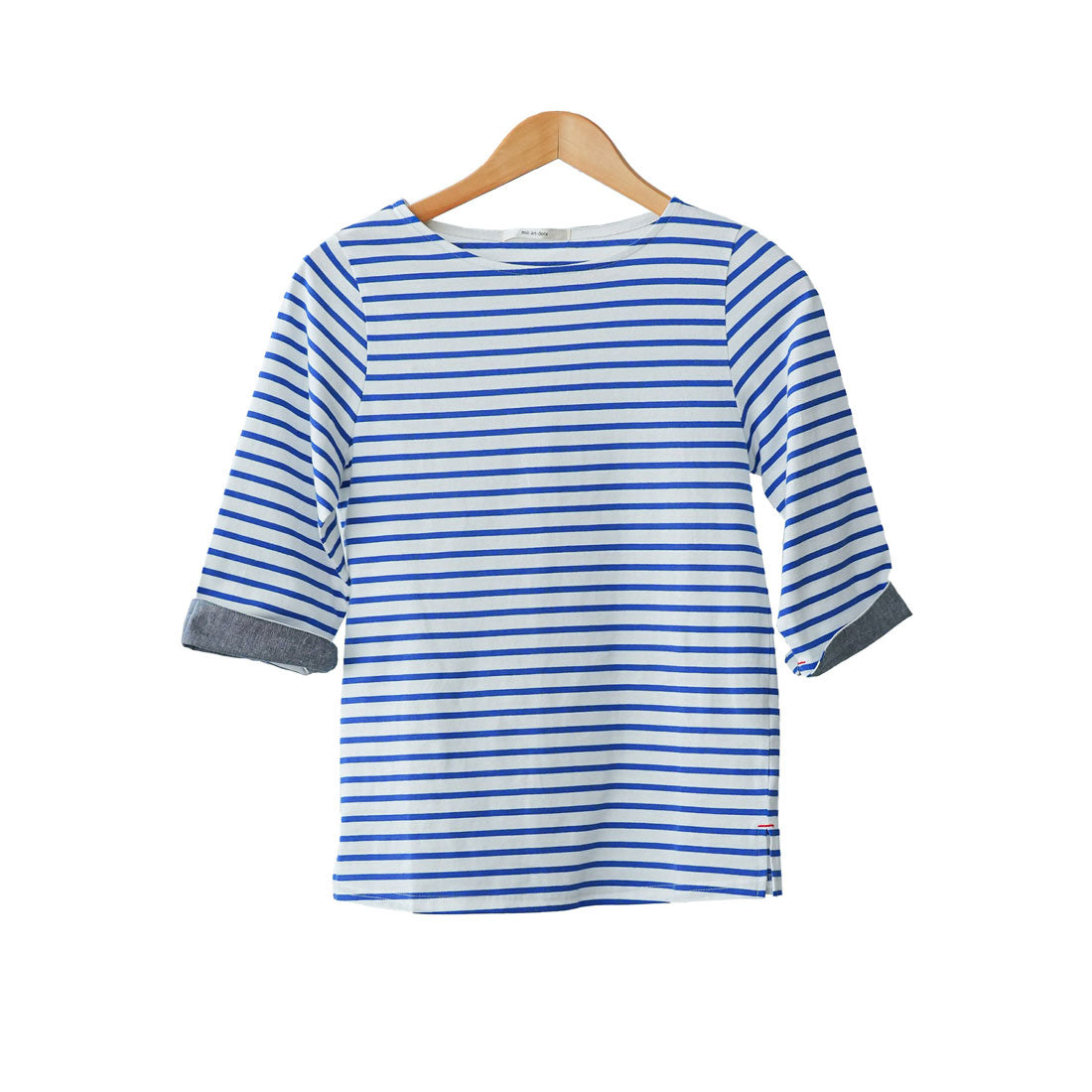 ミリアンデニ mili an deni 7分袖袖シャンブレー切替Tシャツ