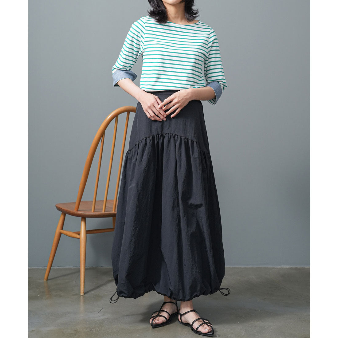ミリアンデニ mili an deni 7分袖袖シャンブレー切替Tシャツ