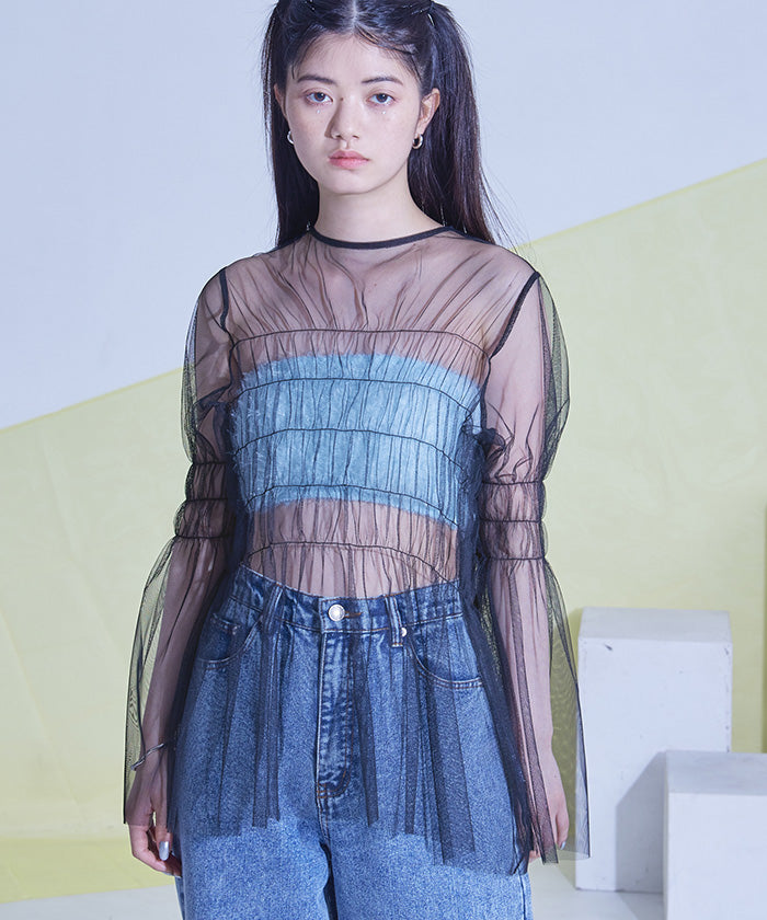 ミエット miette チュールシャーリングトップス