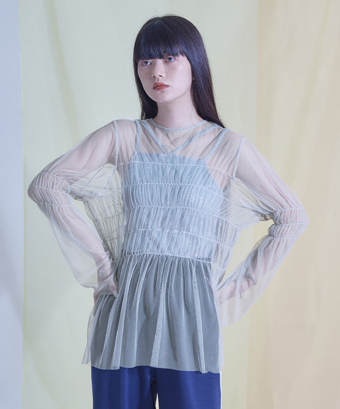 ミエット miette チュールシャーリングトップス
