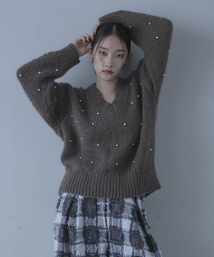 ミエット miette シルバービーズVネックニット