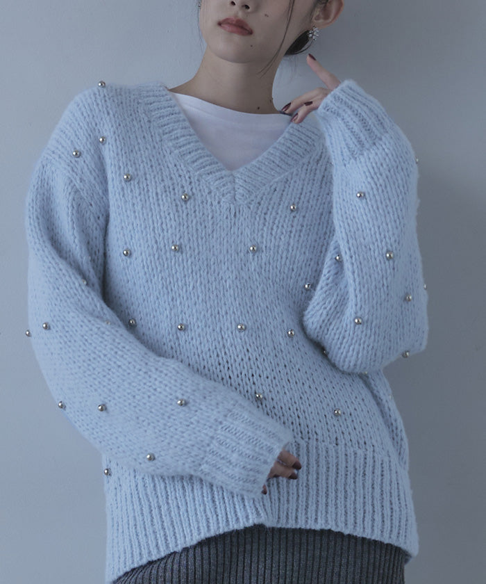 ミエット miette シルバービーズVネックニット