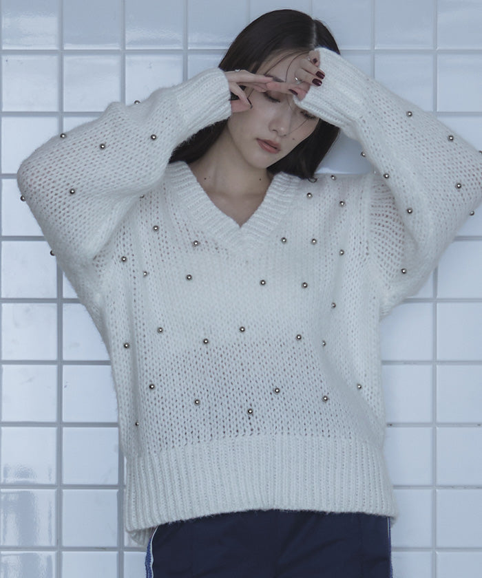 ミエット miette シルバービーズVネックニット