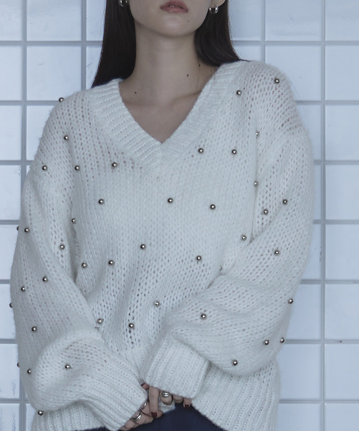 ミエット miette シルバービーズVネックニット