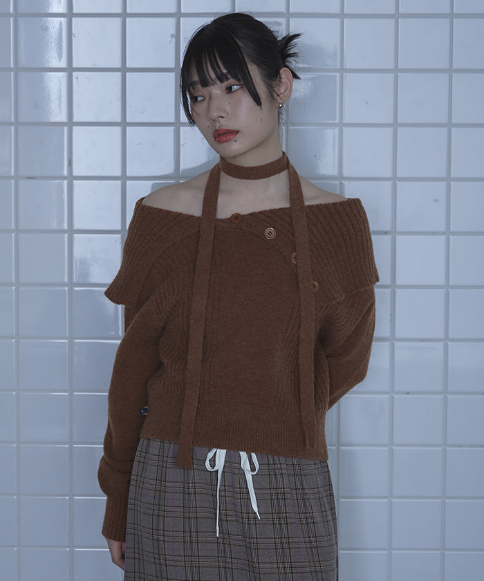 ミエット miette ロングタイ付きオフショルニット （ブラウン） ブラウン