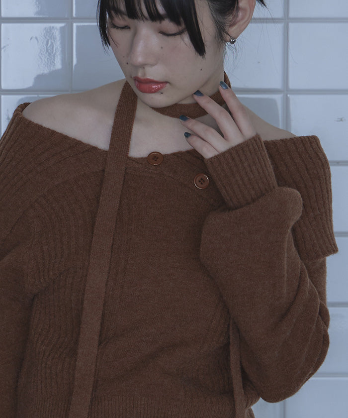 ミエット miette ロングタイ付きオフショルニット （ブラウン） ブラウン