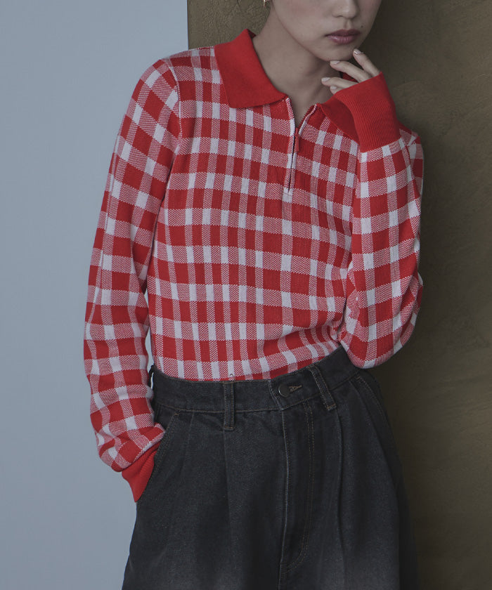 ミエット miette チェック柄フロントジップポロニット （レッド） レッド