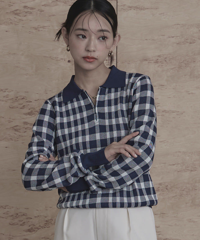 ミエット miette チェック柄フロントジップポロニット （レッド） レッド