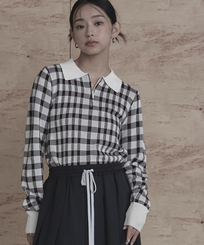 ミエット miette チェック柄フロントジップポロニット （レッド） レッド