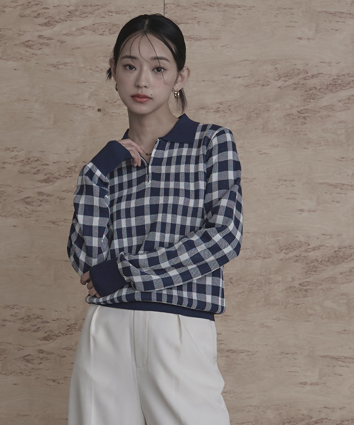 ミエット miette チェック柄フロントジップポロニット （レッド） レッド