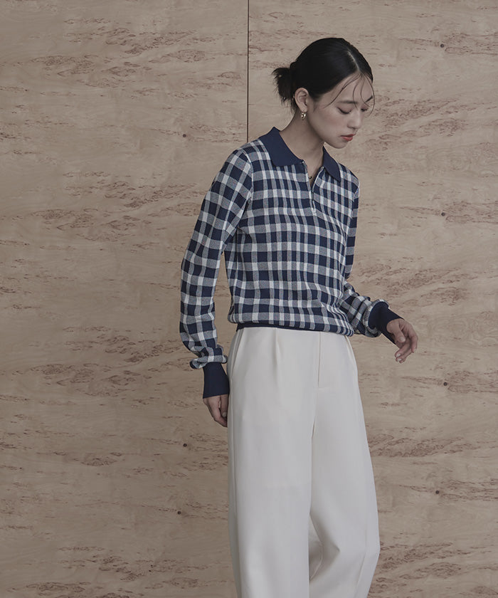 ミエット miette チェック柄フロントジップポロニット （レッド） レッド