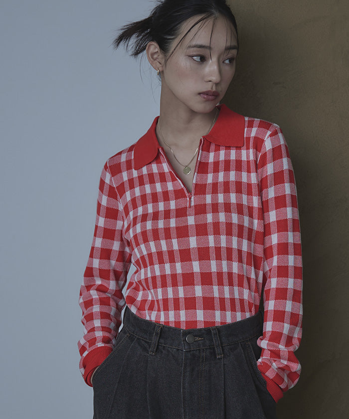 ミエット miette チェック柄フロントジップポロニット （レッド） レッド