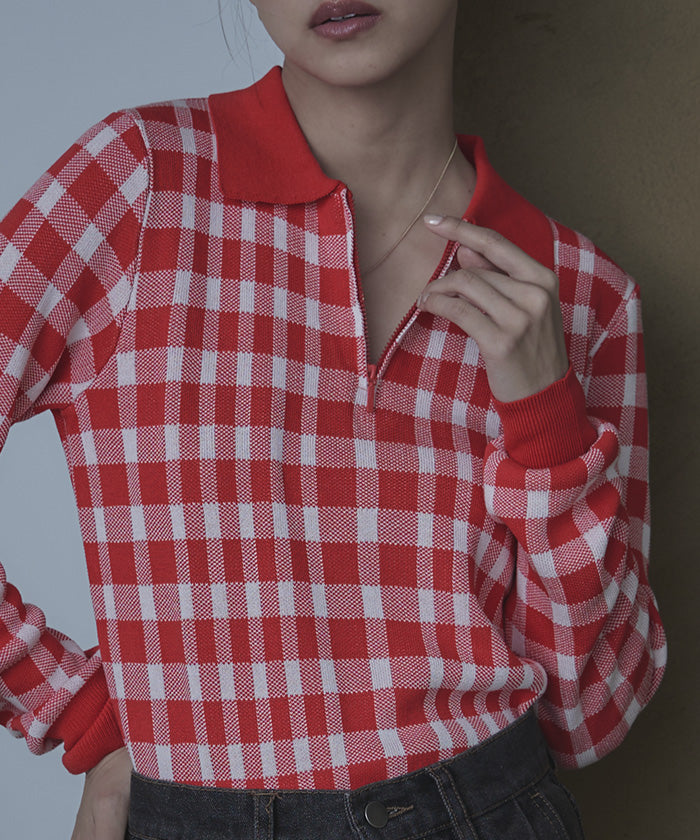 ミエット miette チェック柄フロントジップポロニット （レッド） レッド