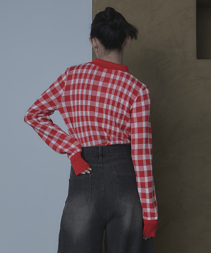 ミエット miette チェック柄フロントジップポロニット （レッド） レッド