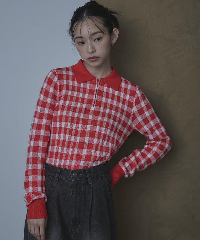 ミエット miette チェック柄フロントジップポロニット （レッド） レッド