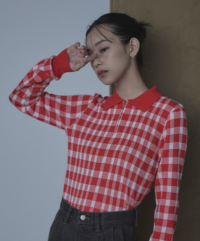 ミエット miette チェック柄フロントジップポロニット （レッド） レッド