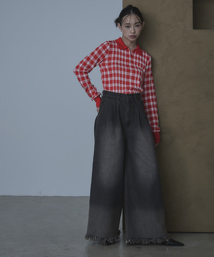 ミエット miette チェック柄フロントジップポロニット （レッド） レッド