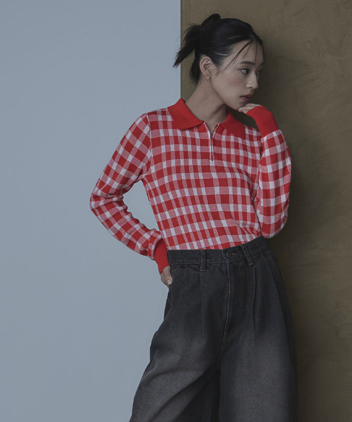 ミエット miette チェック柄フロントジップポロニット （レッド） レッド