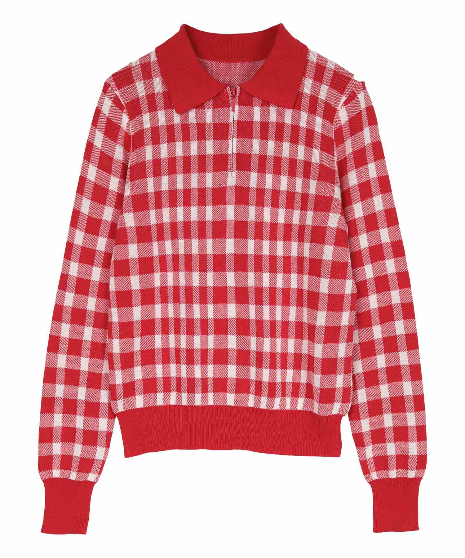 ミエット miette チェック柄フロントジップポロニット （レッド） レッド