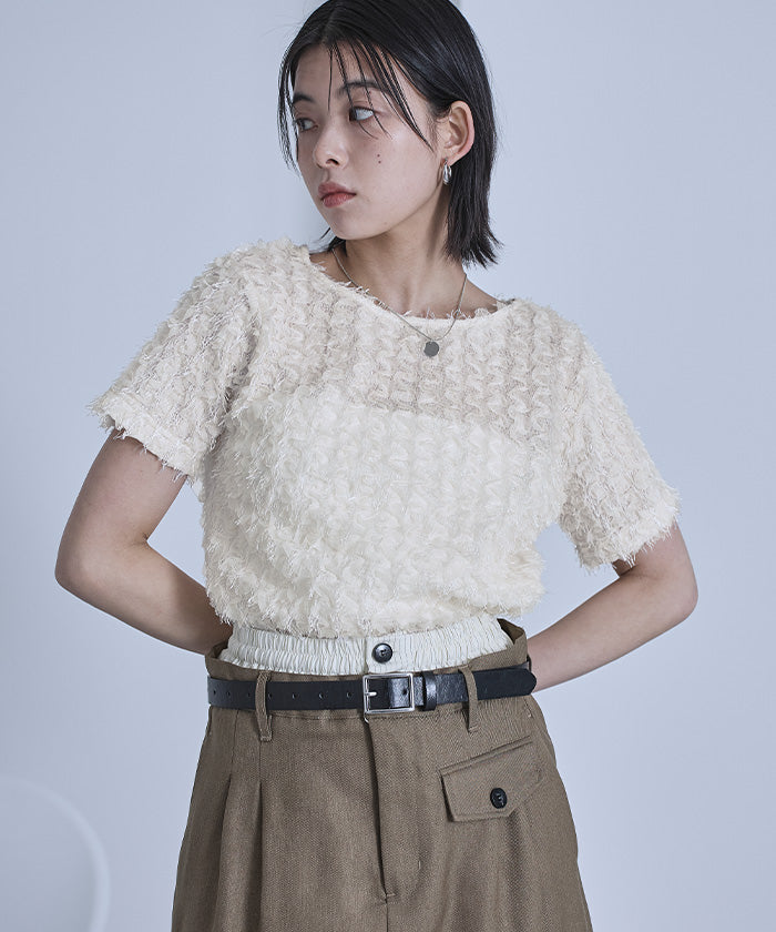 ミエット miette チュールフリルフリンジ半袖トップス （アイボリー） アイボリー