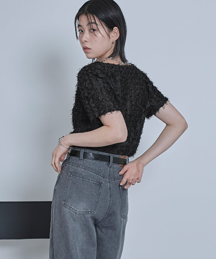 ミエット miette チュールフリルフリンジ半袖トップス （アイボリー） アイボリー