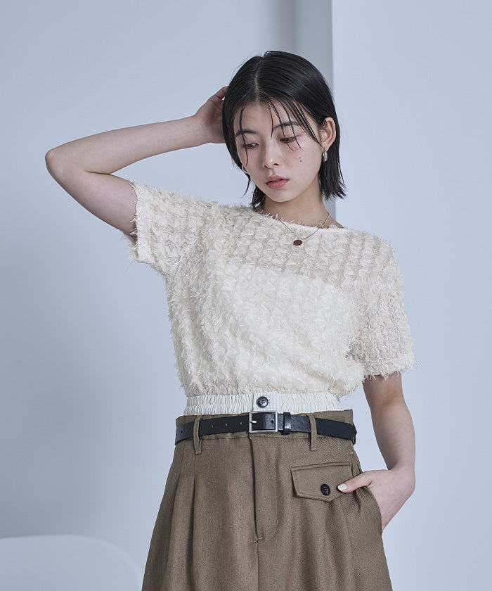 ミエット miette チュールフリルフリンジ半袖トップス （アイボリー） アイボリー