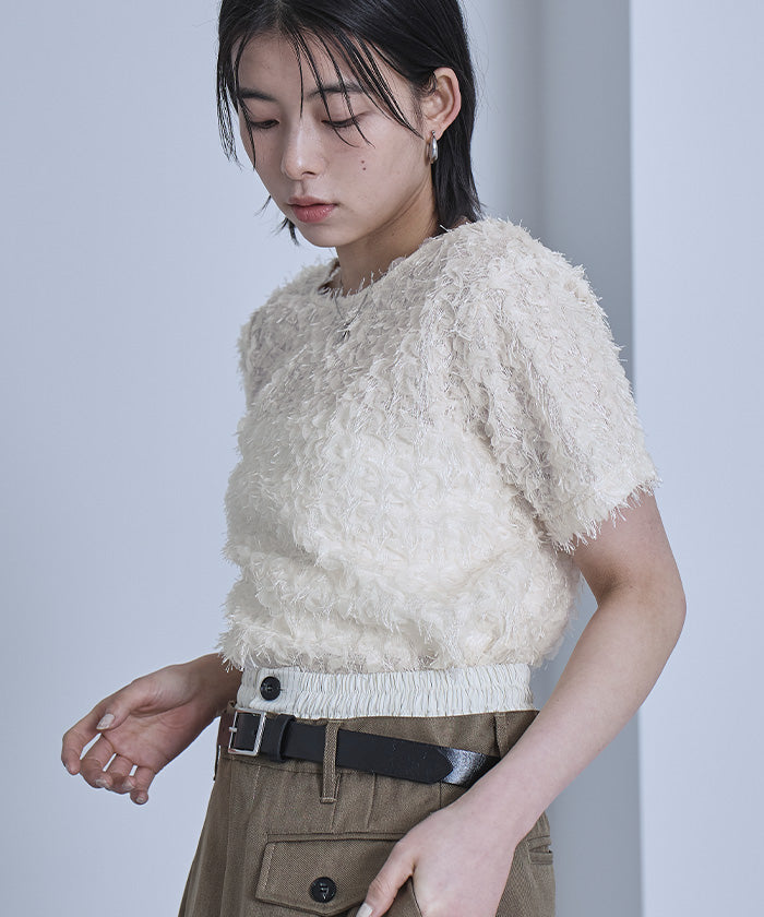 ミエット miette チュールフリルフリンジ半袖トップス （アイボリー） アイボリー