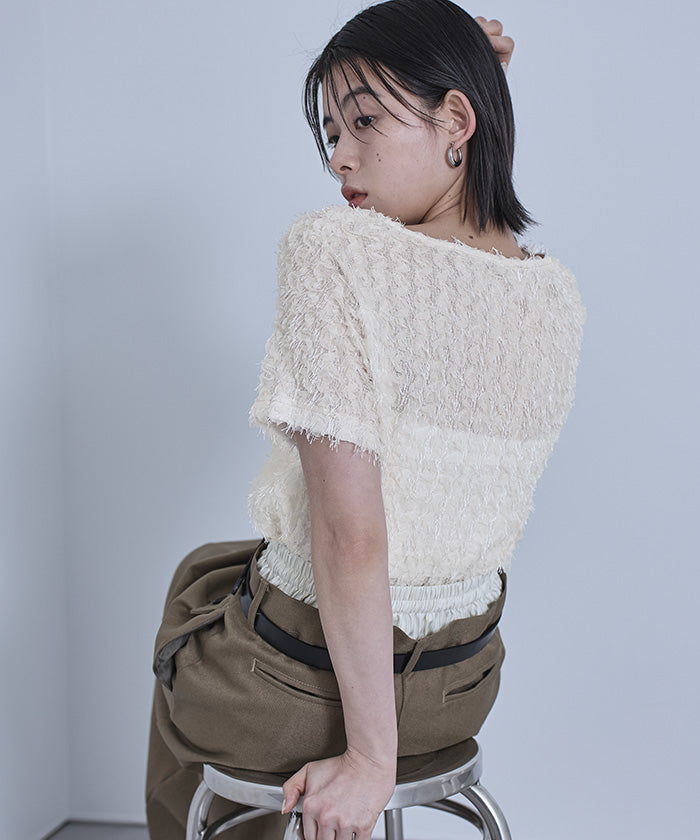 ミエット miette チュールフリルフリンジ半袖トップス （アイボリー） アイボリー