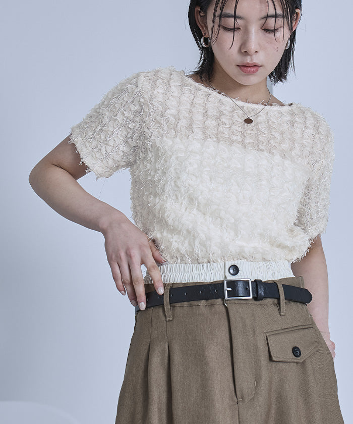 ミエット miette チュールフリルフリンジ半袖トップス （アイボリー） アイボリー