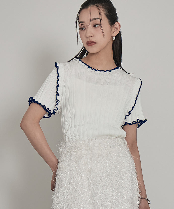 ミエット miette 配色ラインランダムリブトップス （ライトベージュ） ライトベージュ