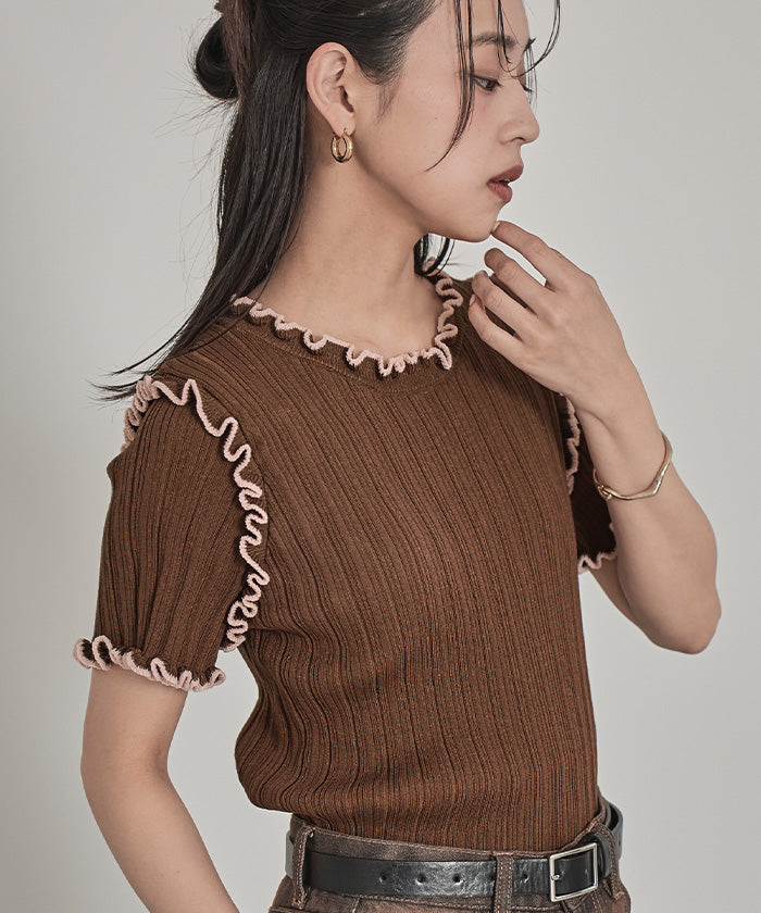 ミエット miette 配色ラインランダムリブトップス （ライトベージュ） ライトベージュ