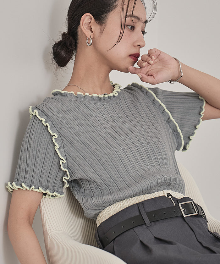 ミエット miette 配色ラインランダムリブトップス （グレー） グレー