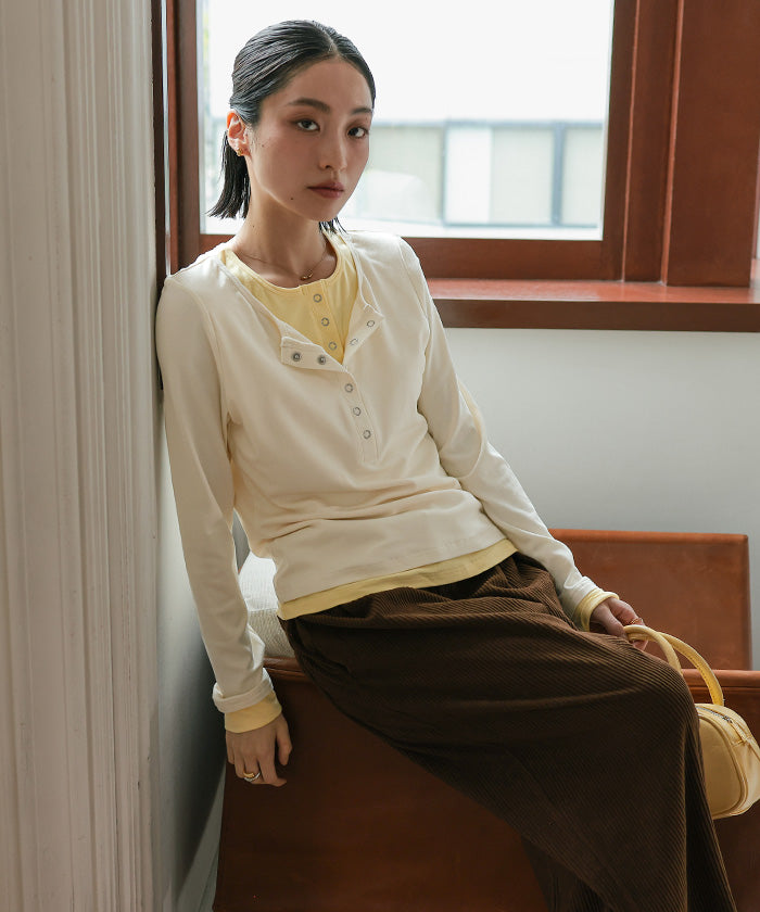 ミエット miette レイヤード風ヘンリーネックトップス （レッド） レッド