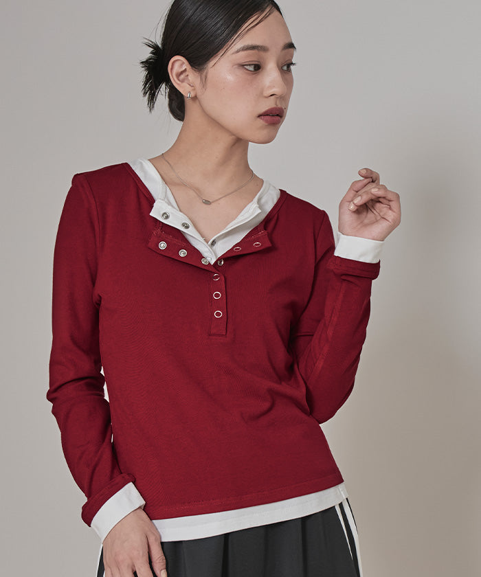 ミエット miette レイヤード風ヘンリーネックトップス （レッド） レッド