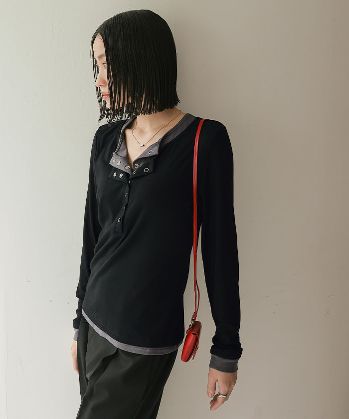 ミエット miette レイヤード風ヘンリーネックトップス （レッド） レッド