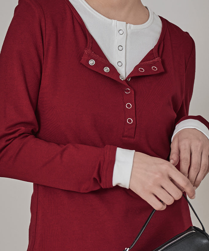 ミエット miette レイヤード風ヘンリーネックトップス （レッド） レッド