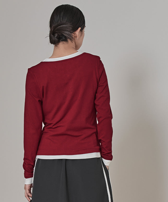 ミエット miette レイヤード風ヘンリーネックトップス （レッド） レッド