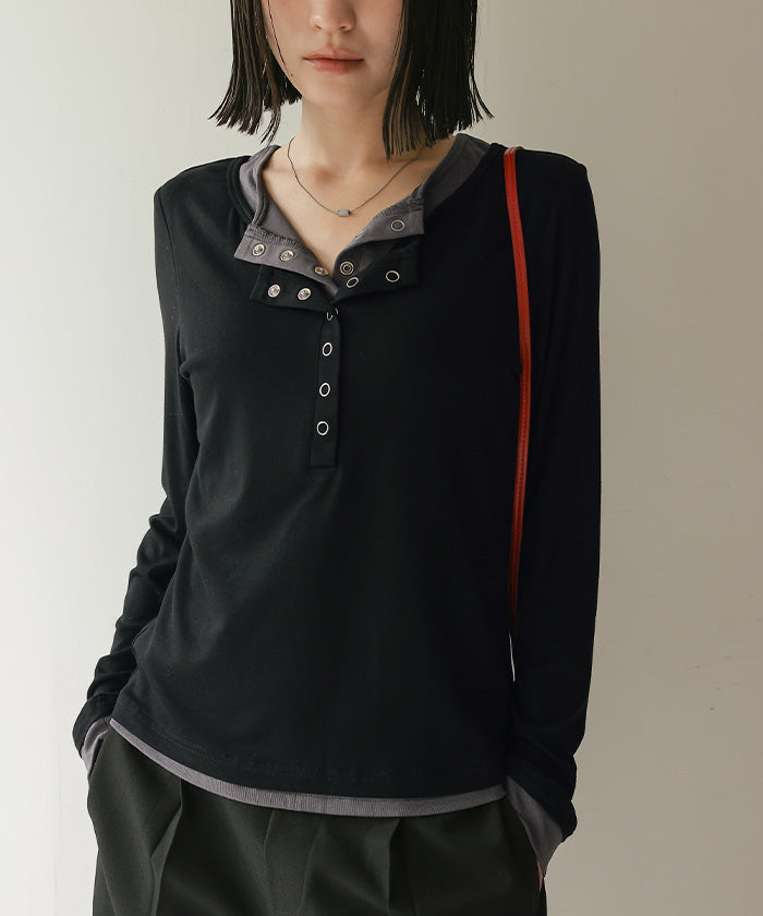 ミエット miette レイヤード風ヘンリーネックトップス （レッド） レッド