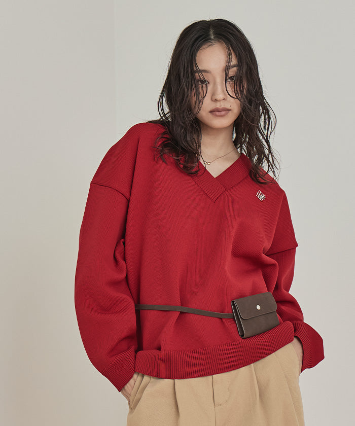 ミエット miette スポンディッシュ深Vネックニット （レッド） レッド