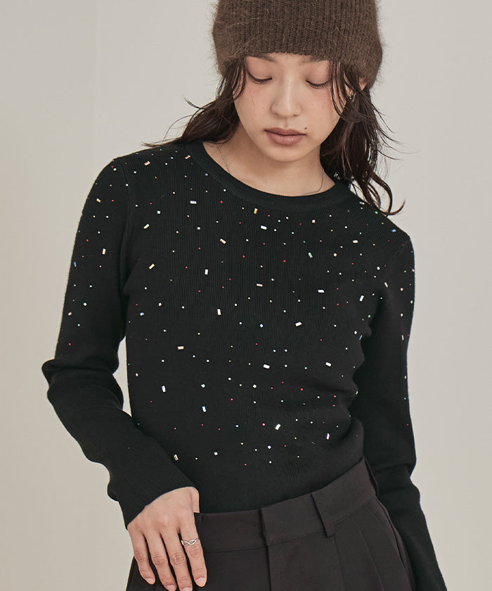 ミエット miette ビジュークルーネックニット （ブラック） ブラック