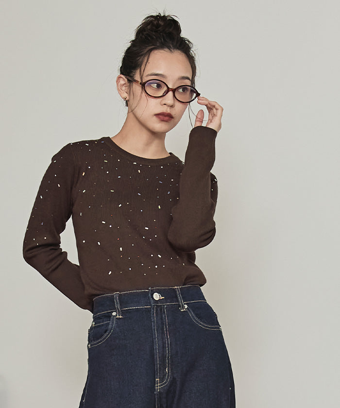 ミエット miette ビジュークルーネックニット （ブラック） ブラック