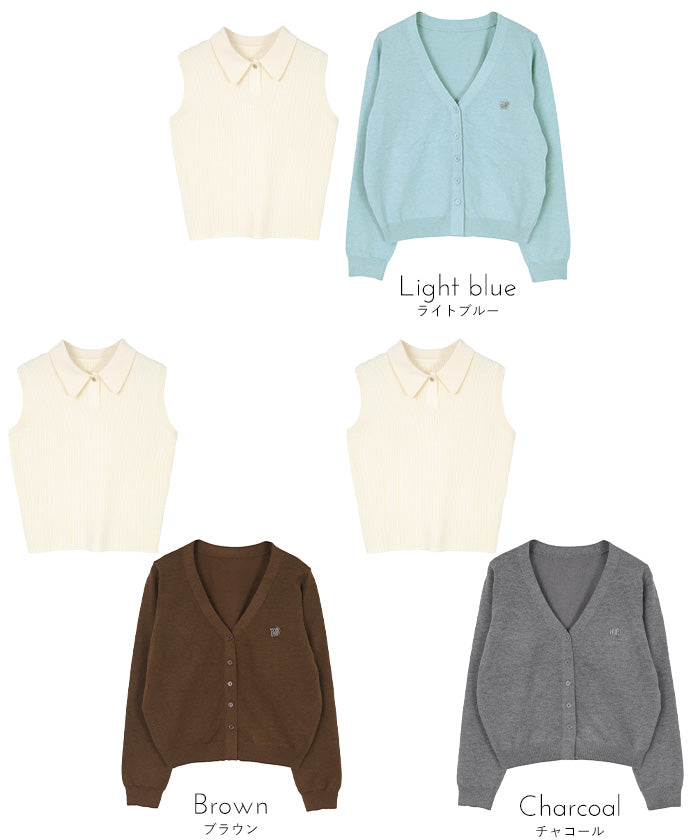 ミエット miette 襟付きトップスセットニットカーディガン （チャコール） チャコール