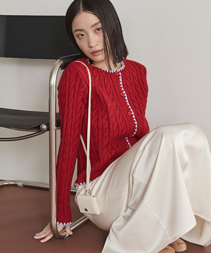 ミエット miette 配色ステッチケーブルニットカーディガン （レッド） レッド