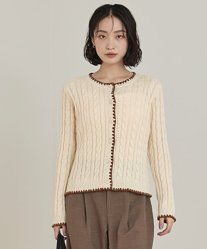 ミエット miette 配色ステッチケーブルニットカーディガン （レッド） レッド