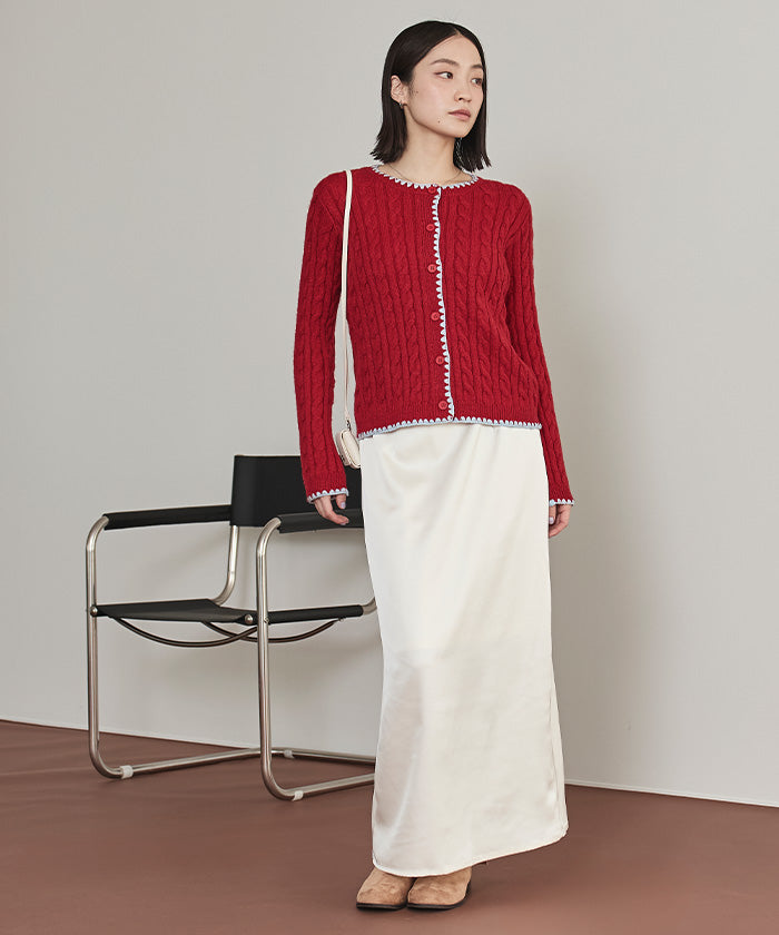 ミエット miette 配色ステッチケーブルニットカーディガン （レッド） レッド