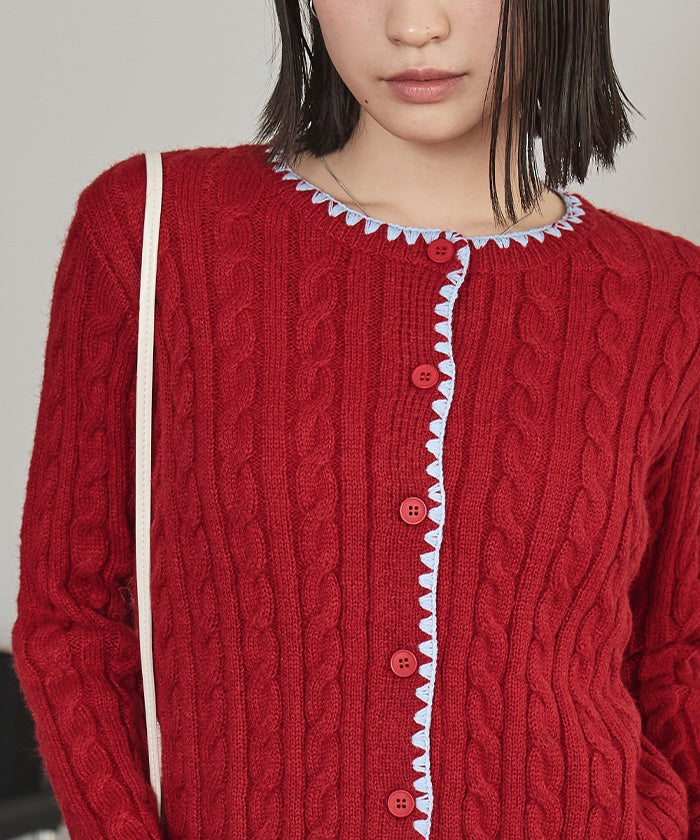 ミエット miette 配色ステッチケーブルニットカーディガン （レッド） レッド