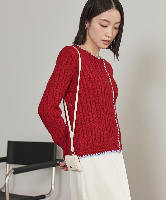 ミエット miette 配色ステッチケーブルニットカーディガン （レッド） レッド