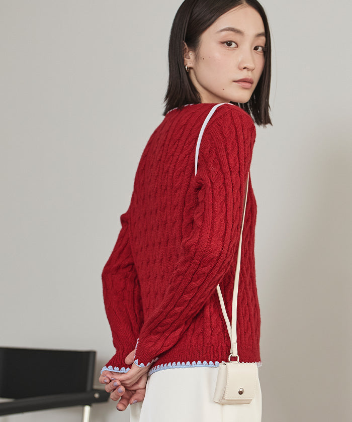 ミエット miette 配色ステッチケーブルニットカーディガン （レッド） レッド