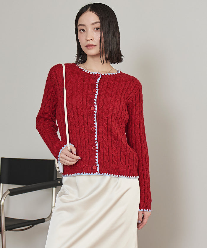 ミエット miette 配色ステッチケーブルニットカーディガン （レッド） レッド